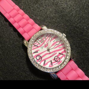 GENEVA PLATINUM PINK ZEBRA STRIPED WATCH wSILICONE